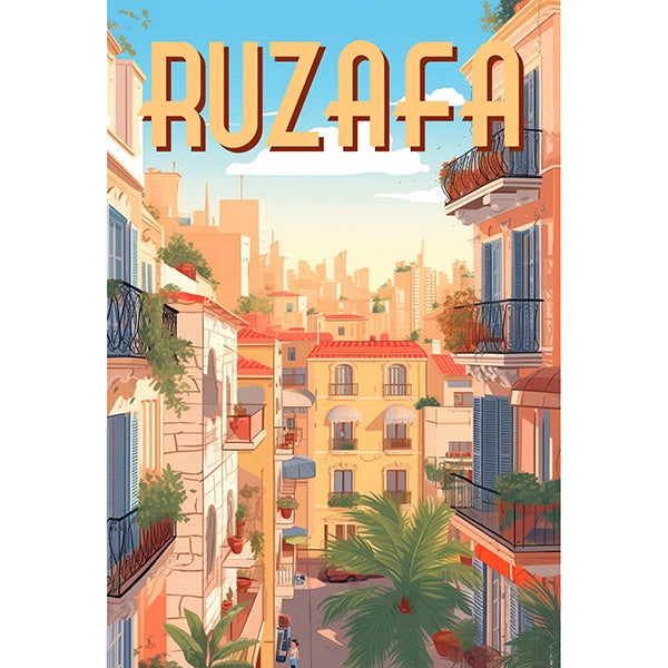 Postal del barrio Ruzafa de Valencia en la que se ven calles, edificios y plantas en un día soleado