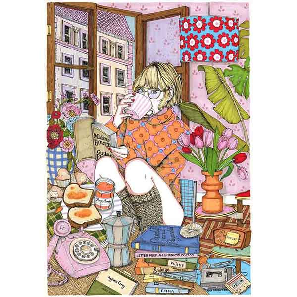 Una chica bebe café mientras lee Madame Bovary. A su alrededor hay libros, un walkman, un teléfono antiguo y su desayuno.