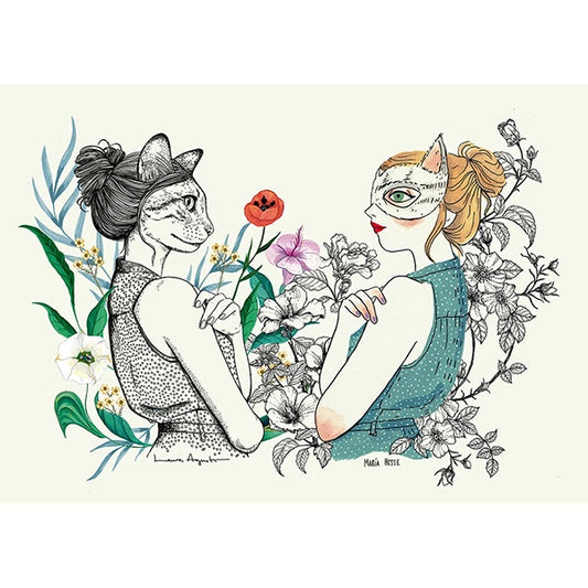 Ilustración de Laura Agustí y María Hesse en la que se ven dos figuras femeninas, una con cara de gato y la otra con una máscara de gato, con flores en el fondo.