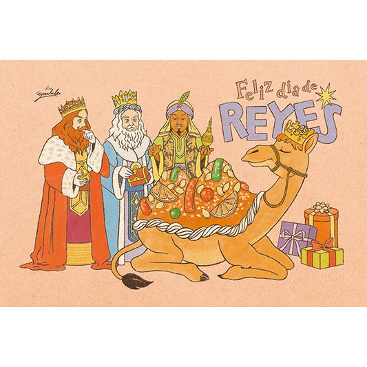 Postal de Navidad con los tres reyes magos, un camello cubierto de fruta escarchada y el mensaje Feliz Día de Reyes del artista japonés Granbrillo