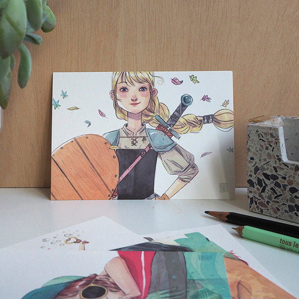 Ilustración de una niña vikinga en el pack rojo de postales de la ilustradora Esther Gili