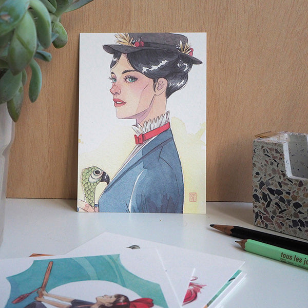 Ilustración de Mary Poppins en el pack rojo de postales de la ilustradora Esther Gili