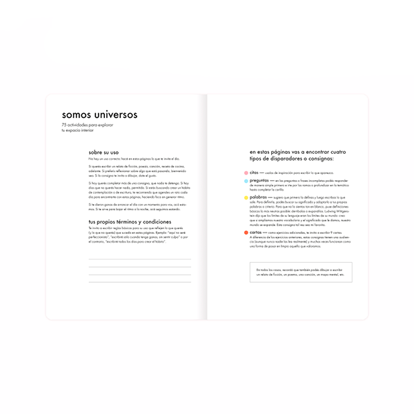 Páginas interiores del libro Somos Universos de May Groppo con instrucciones de so
