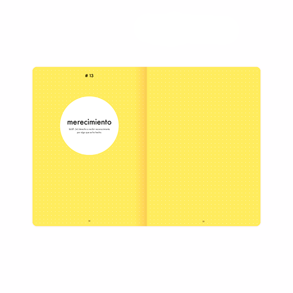 Páginas interiores del libro Somos Universos de May Groppo en color amarillo con la palabra "merecimiento"