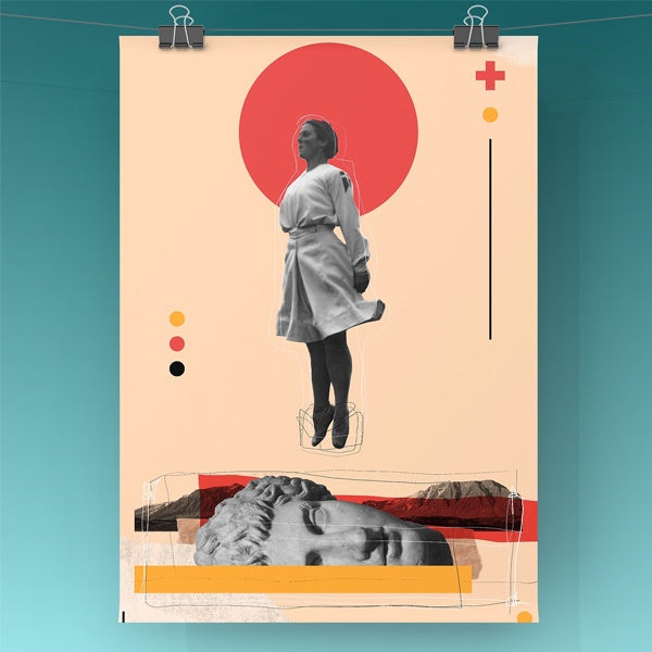 Collage de la diseñadora gráfica Zielo Zeta donde aparece una mujer flotando sobre una cabeza de una estatua en colores llamativos.