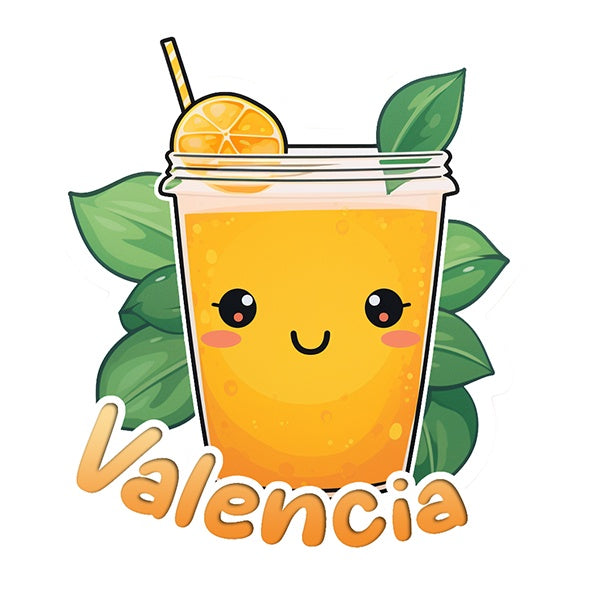 Pegatina troquelada de un vaso de zumo de naranja estilo kawaii con hojitas por detrás, una pajita y el texto Valencia